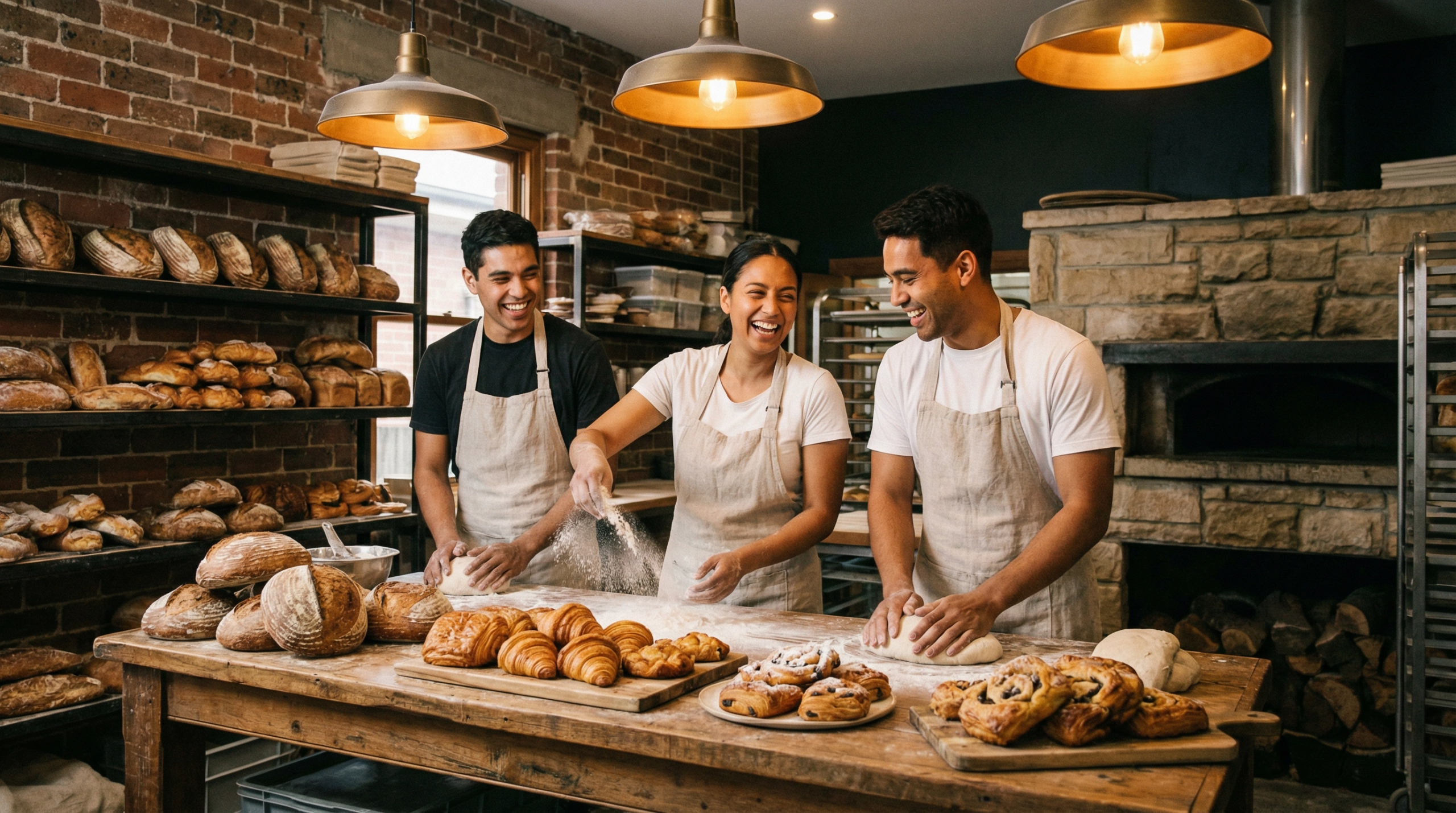 family at IFD crafting artisan breads in the commercial kitchen